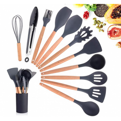 Silicone Cooking Utensils Kitchen Utensil Set,11 Pieces Natural Wooden Handles Cooking Tool Bpa Free Non Toxic